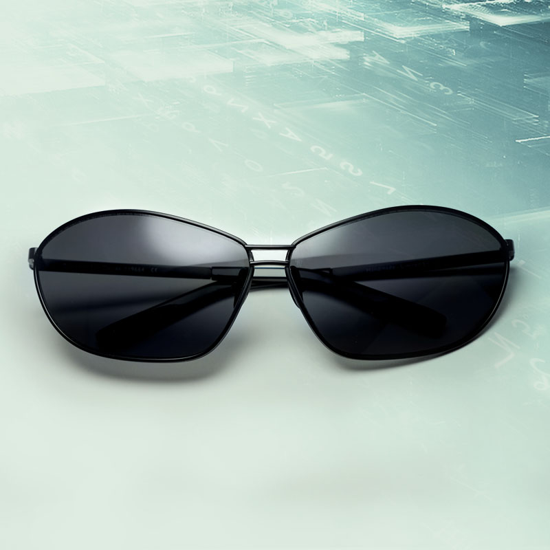 Trinity bespoke sunglasses. As worn by Carrie-Anne Moss in The Matrix Resurrections, designed by Tom Davies.