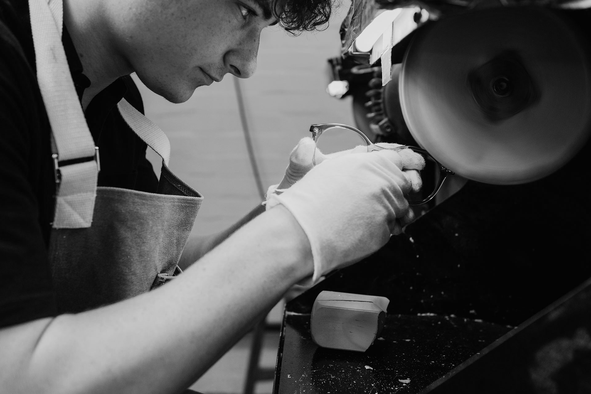 Tom Davies frames being handpolished by an expert craftsman in the brand's London factory