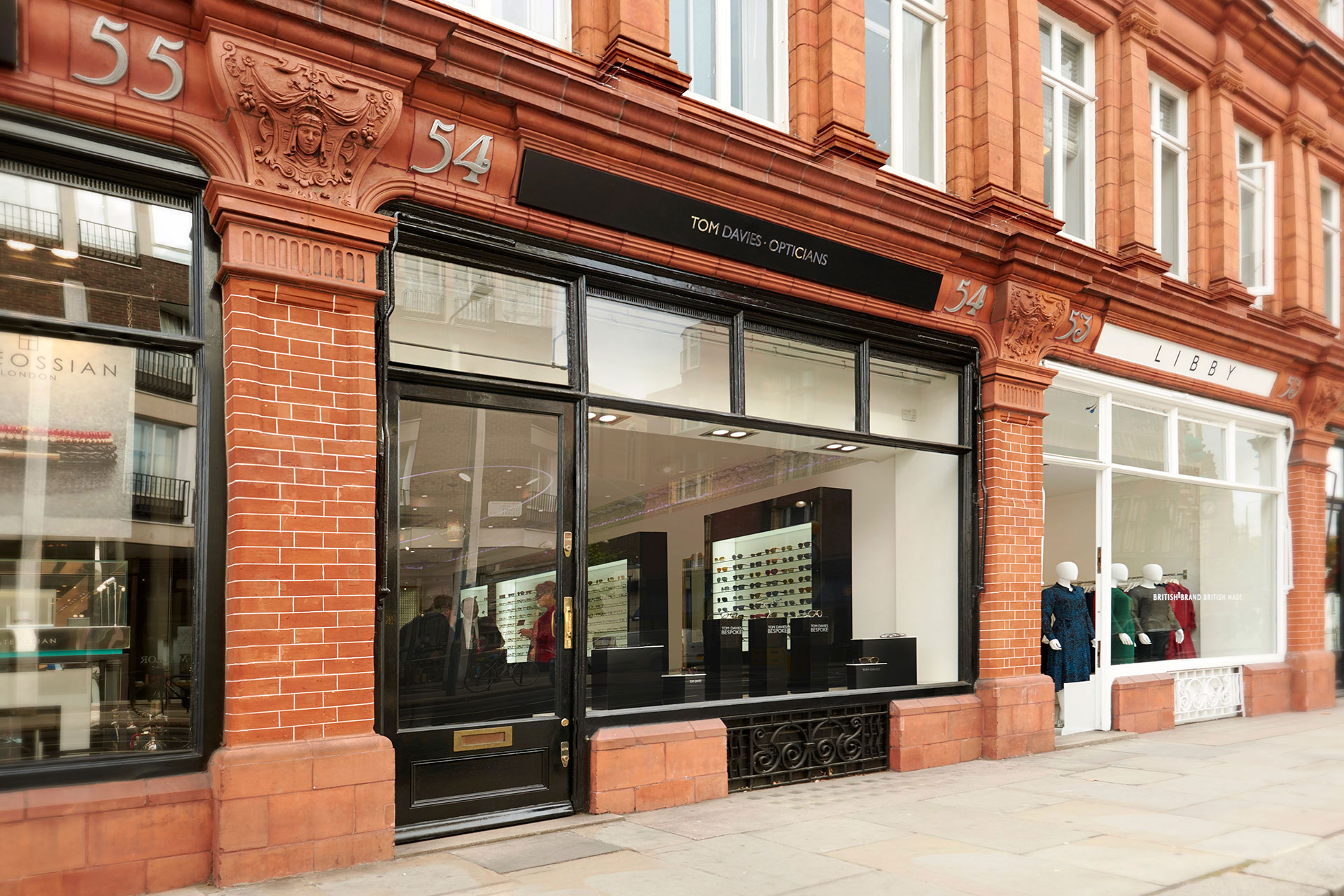 Store front of Tom Davies Bespoke Opticians in Sloane Square, Chelsea